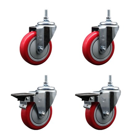 Service Caster 4 Inch Red Polyurethane 38 Inch Threaded Stem Caster Set 2 Brakes SCC SCC-TS20S414-PPUB-RED-381615-2-PLB-2